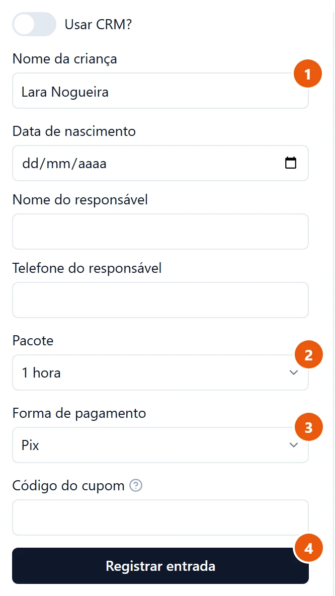 Formulário de entrada da Recepção com Usar CRM? desligado, o nome Lara Nogueira digitado, o pacote 1 hora e a forma de pagamento Pix escolhidos, e o botão Registrar entrada.
