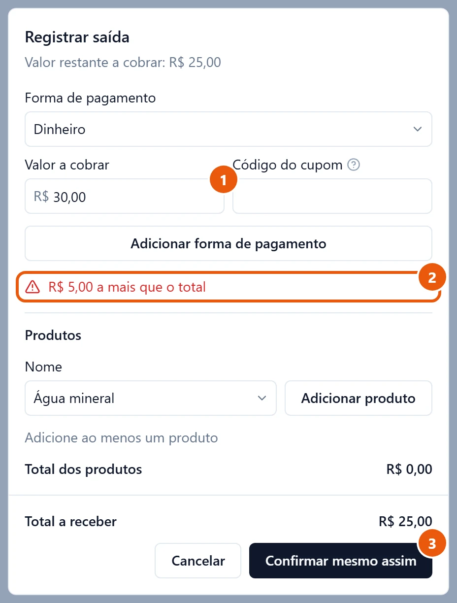 Janela Registrar saída de Kauã Ferreira: Valor restante a cobrar R$ 25,00 e R$ 30,00 digitados em Valor a cobrar. Abaixo do botão Adicionar forma de pagamento, em vermelho, o aviso R$ 5,00 a mais que o total. No rodapé, Total a receber R$ 25,00 e o botão Confirmar mesmo assim.
