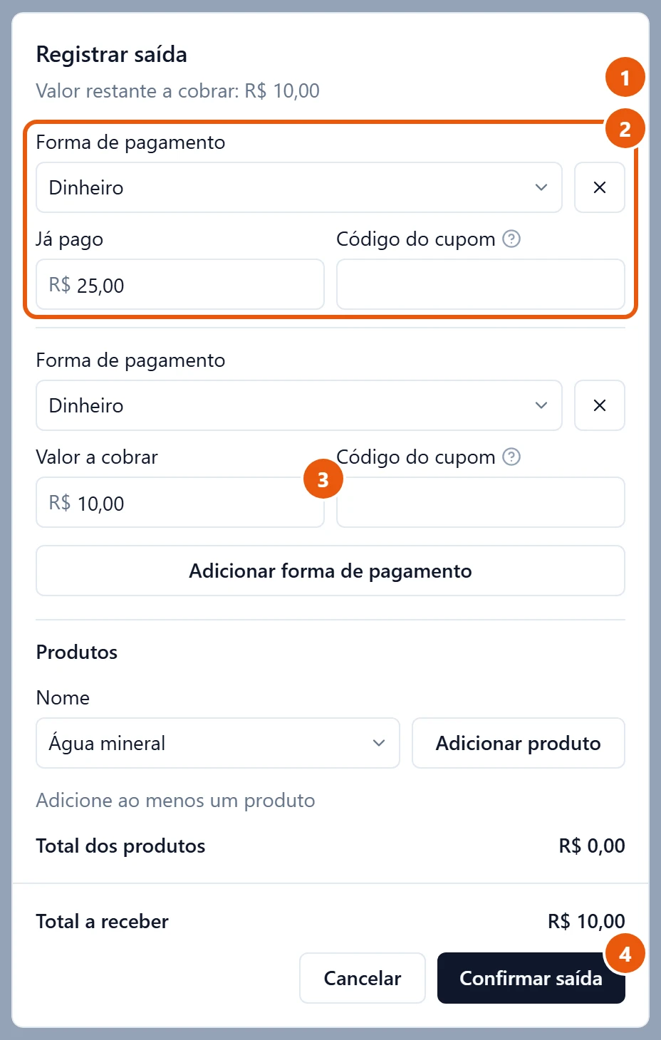 Janela Registrar saída de Enzo Gomes, 10 minutos além do pacote de 30 minutos. Valor restante a cobrar: R$ 10,00. A primeira forma de pagamento é Dinheiro, Já pago R$ 25,00, o pacote pago na entrada. A segunda é Dinheiro, Valor a cobrar R$ 10,00, o que falta. Depois, a seção Produtos, vazia. No rodapé, Total a receber R$ 10,00 e o botão Confirmar saída.