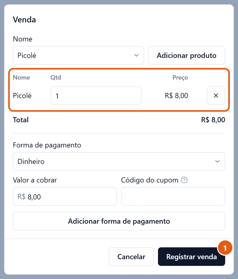 Janela Venda aberta pelo botão Venda avulsa, com um Picolé de R$ 8,00 adicionado e o botão Registrar venda. O Picolé está com estoque zerado e o Recreato deixa vender assim mesmo.