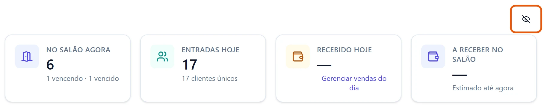 Os mesmos quatro cartões depois de clicar no olho: Recebido hoje e A receber no salão mostram um traço no lugar do valor; a contagem de crianças e de entradas continua visível.