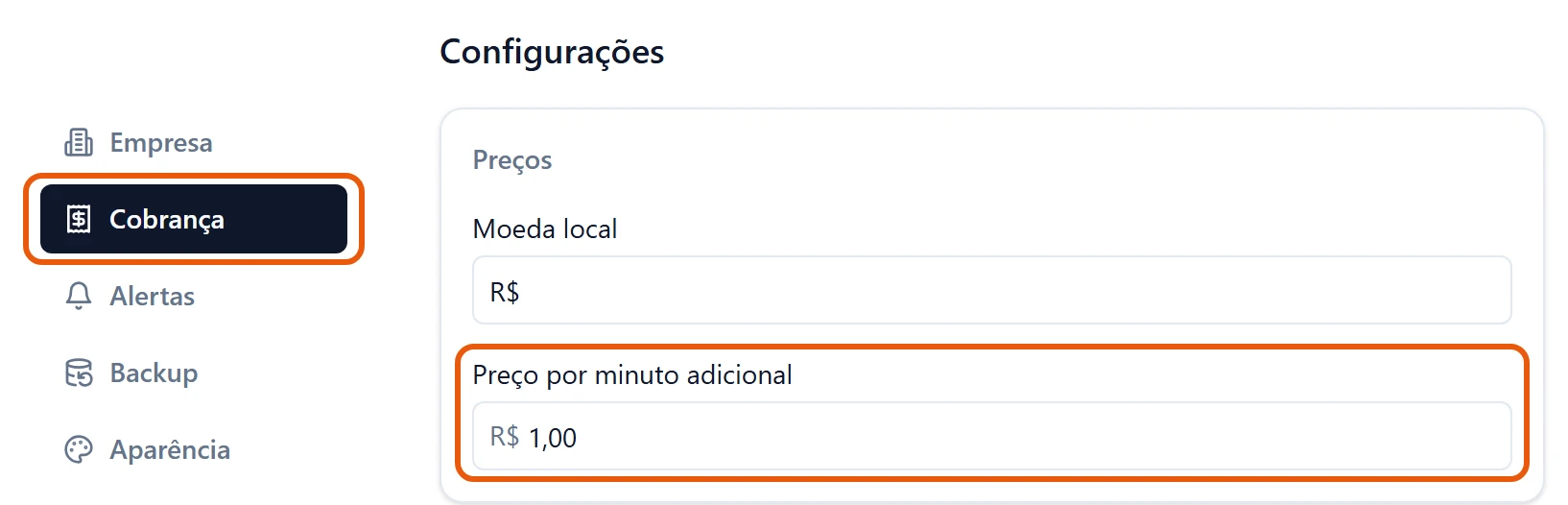 Configurações, seção Cobrança, cartão Preços: o campo Preço por minuto adicional com R$ 1,00.