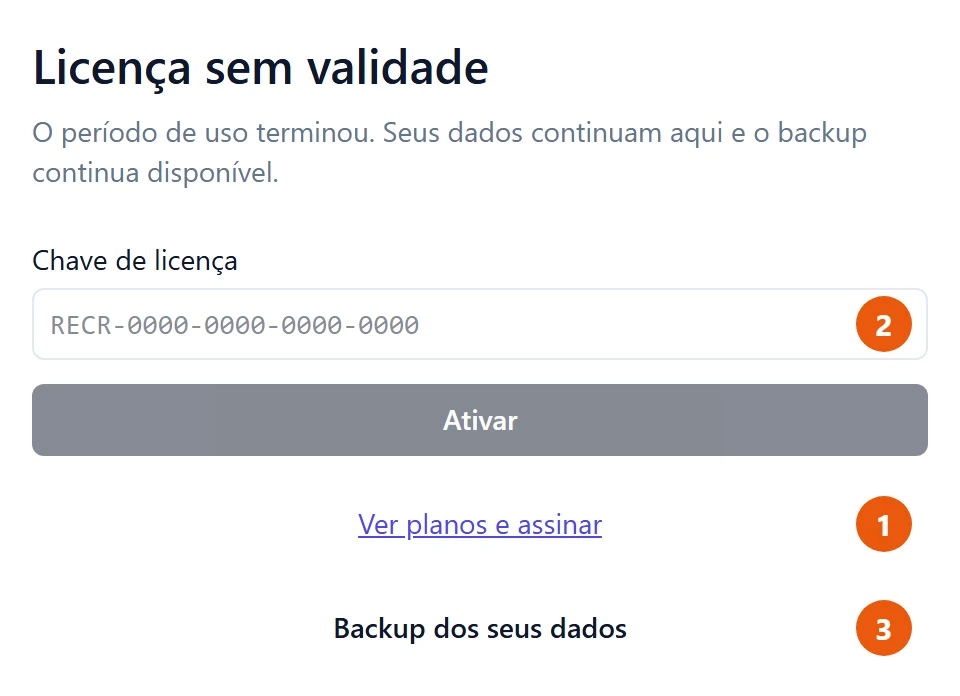Tela Licença sem validade: O período de uso terminou. Seus dados continuam aqui e o backup continua disponível. Embaixo, o campo Chave de licença, o botão Ativar, o link Ver planos e assinar e o botão Backup dos seus dados.