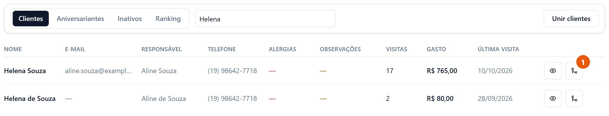 Tela Clientes com a busca Helena: duas linhas, Helena Souza, responsável Aline Souza, 17 visitas e R$ 765,00, e Helena de Souza, responsável Aline de Souza, 2 visitas e R$ 80,00, com o mesmo telefone.