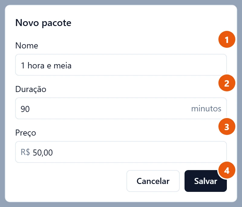 Janela Novo pacote preenchida: Nome 1 hora e meia, Duração 90 minutos, Preço R$ 50,00, com os botões Cancelar e Salvar.