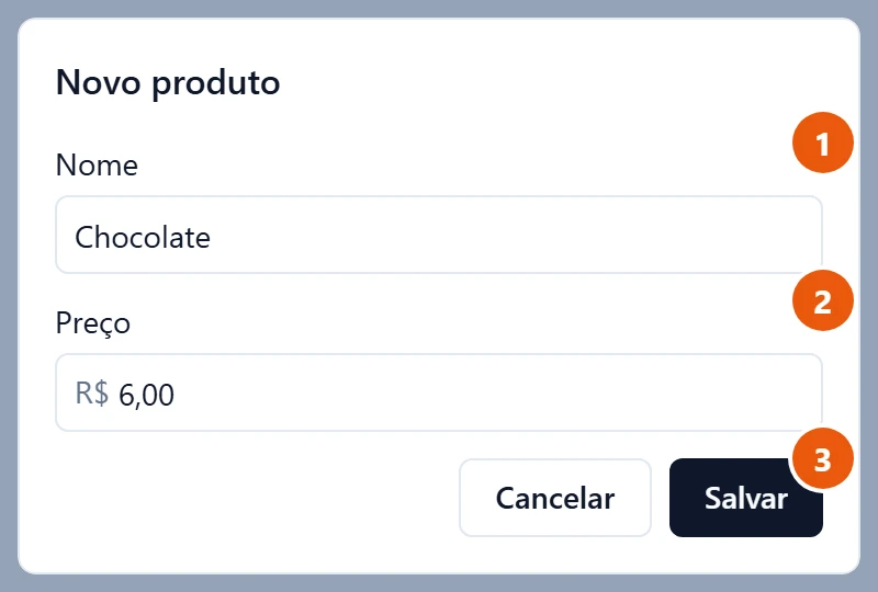 Janela Novo produto preenchida: Nome Chocolate, Preço R$ 6,00, com os botões Cancelar e Salvar.