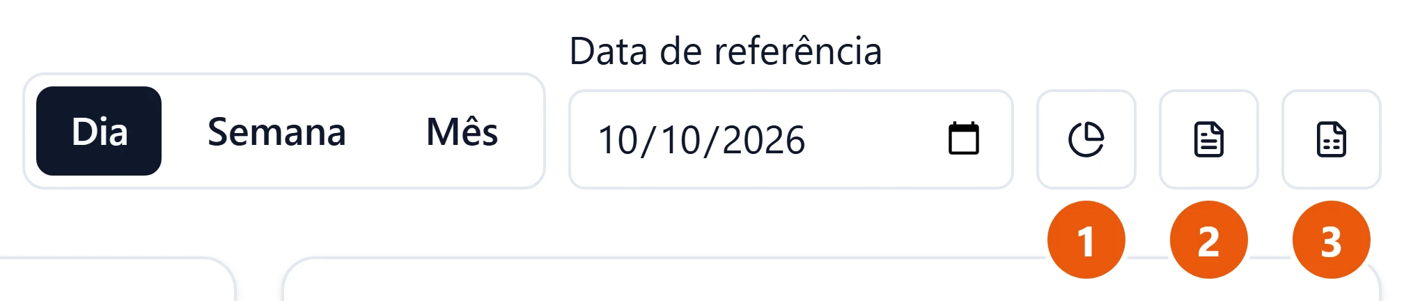 Canto de cima da tela Relatórios: os botões Dia, Semana e Mês, a Data de referência 10/10/2026 e três botões de ícone, o gráfico de pizza de Exportar resumo (PDF), a folha de Exportar PDF e a planilha de Exportar CSV.