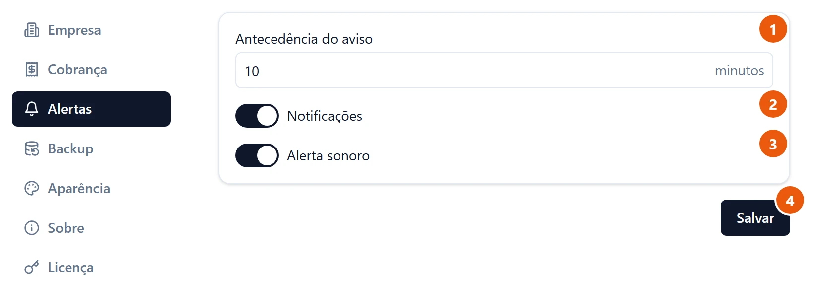 Configurações, seção Alertas: Antecedência do aviso 10 minutos, as chaves Notificações e Alerta sonoro ligadas e o botão Salvar.