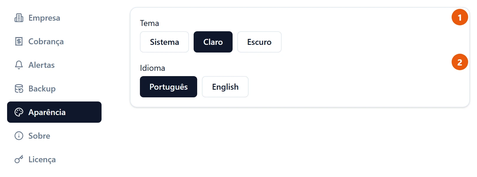Configurações, seção Aparência: Tema com os botões Sistema, Claro (escolhido) e Escuro; Idioma com Português (escolhido) e English.