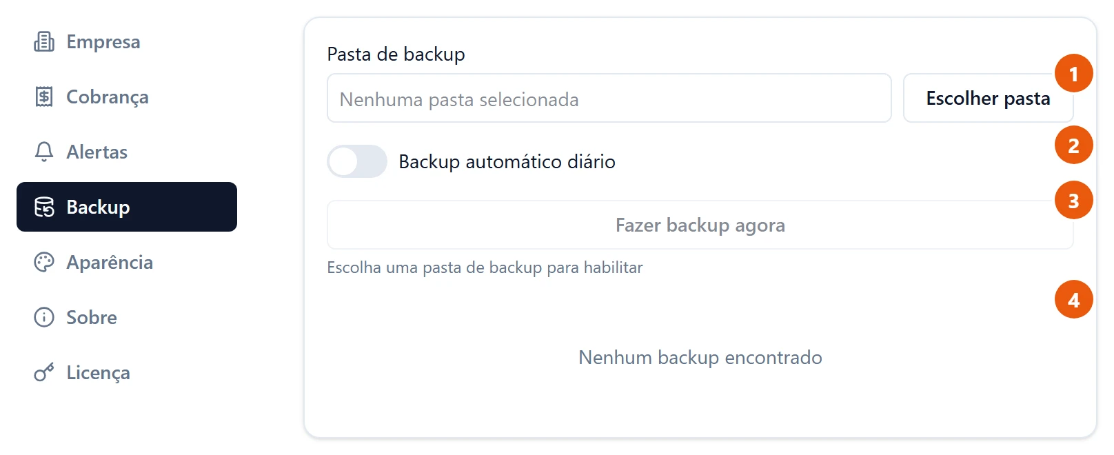 Configurações, seção Backup, antes de escolher a pasta: Pasta de backup com Nenhuma pasta selecionada e o botão Escolher pasta, a chave Backup automático diário desligada, o botão Fazer backup agora apagado com o aviso Escolha uma pasta de backup para habilitar, e Nenhum backup encontrado.